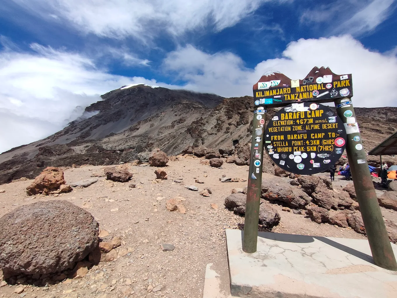 Barafu Camp at 4,673 metres — the last high camp on the Machame and Lemosho routes before the summit push, and the point at which HACE and HAPE risk is highest